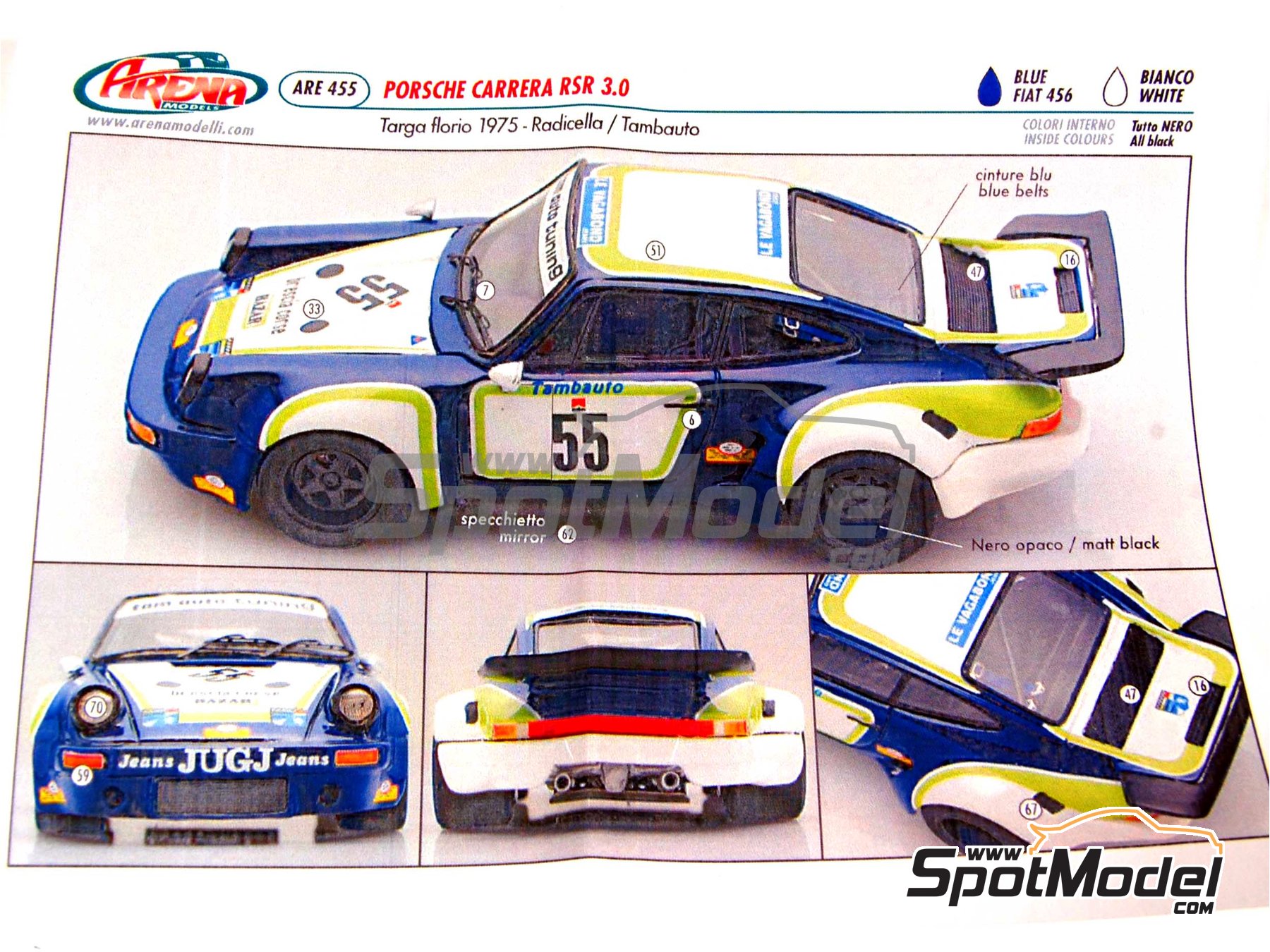 Porsche 911 Carrera RSR sponsored by Le Vagabond Jeans - Targa Florio 1975.  Model car kit in 1/43 scale manufactured by Arena Modelli (ref. ARE455)